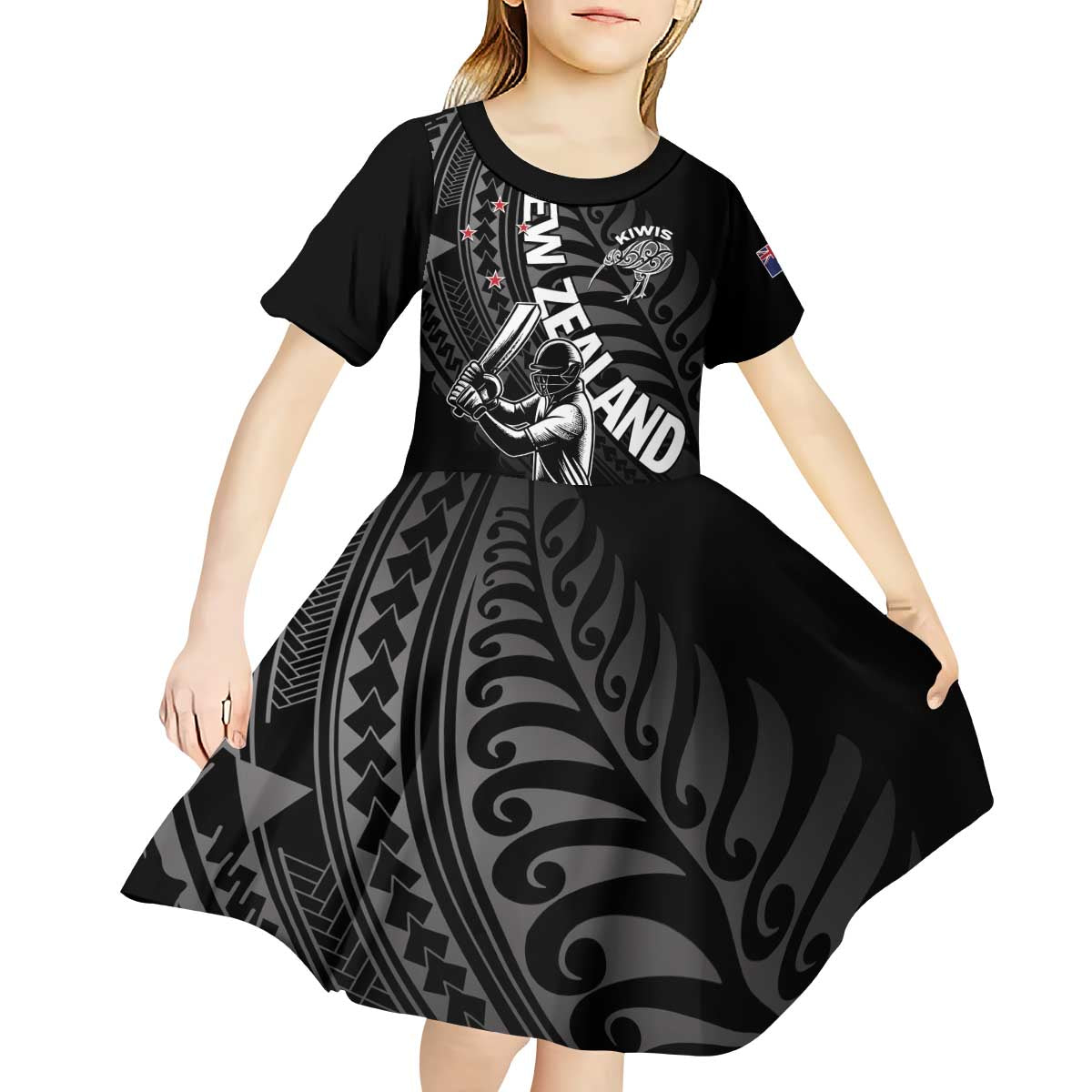 Custom New Zealand Cricket Kid Short Sleeve Dress Maori Kiwi Black Fern