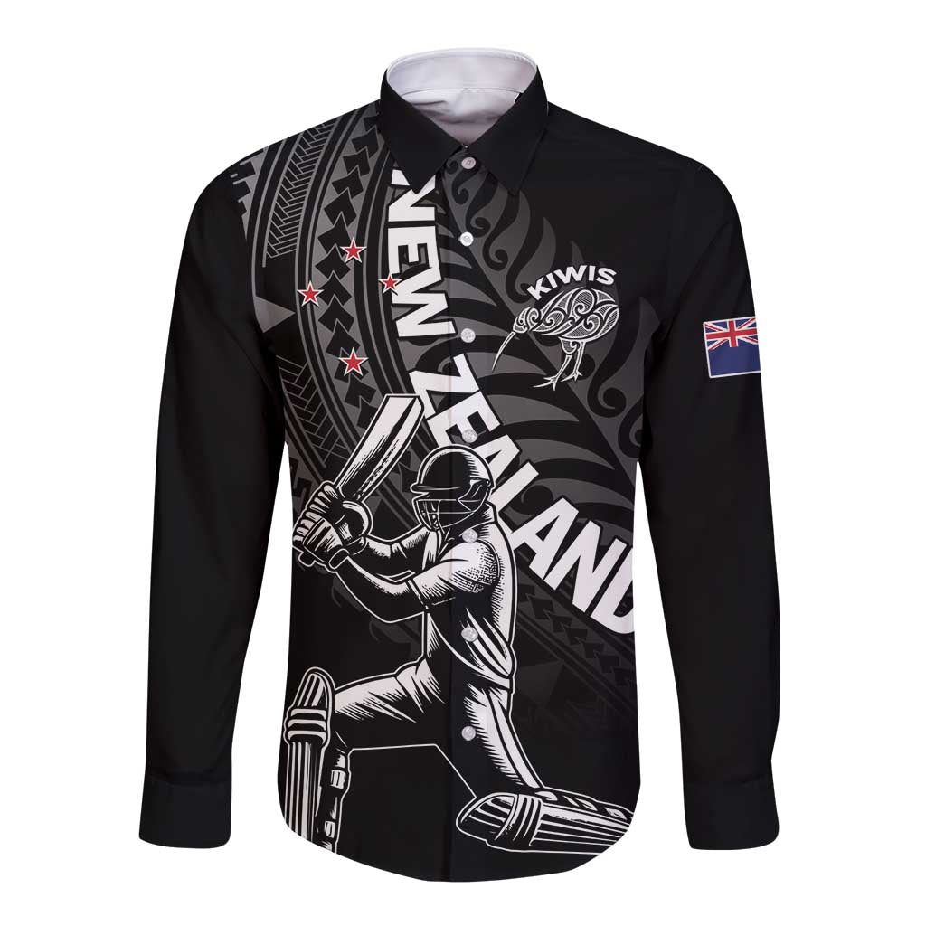 Custom New Zealand Cricket Long Sleeve Button Shirt Maori Kiwi Black Fern LT01 Unisex Black - Polynesian Pride