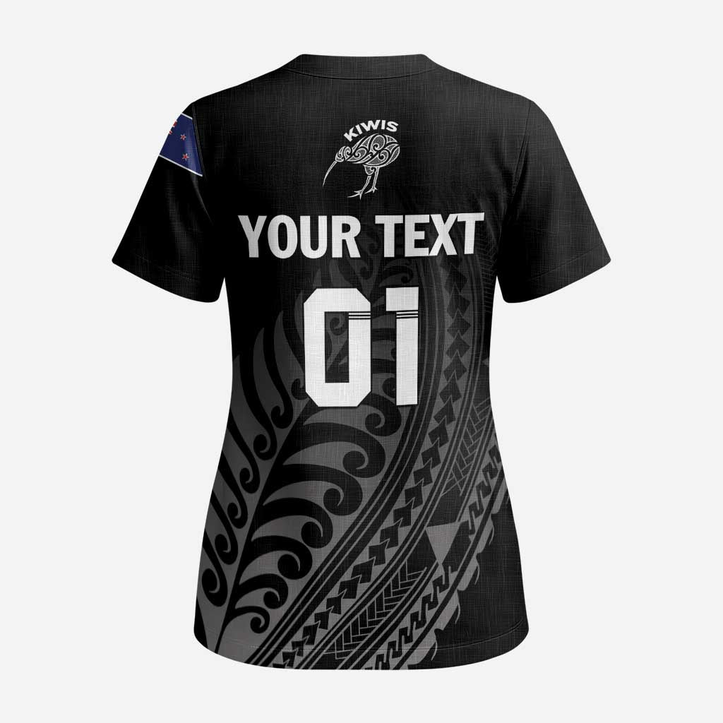 Custom New Zealand Cricket Scrub Top Maori Kiwi Black Fern - Polynesian Pride