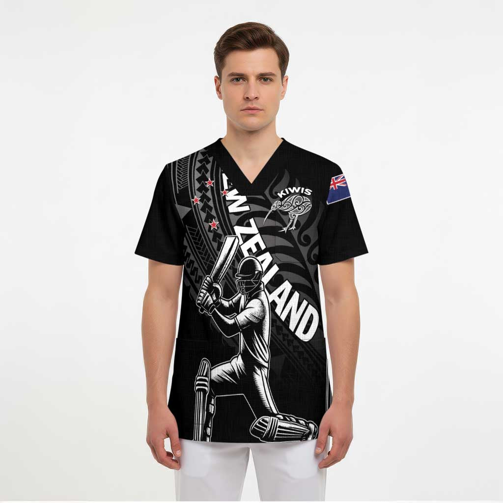 Custom New Zealand Cricket Scrub Top Maori Kiwi Black Fern - Polynesian Pride