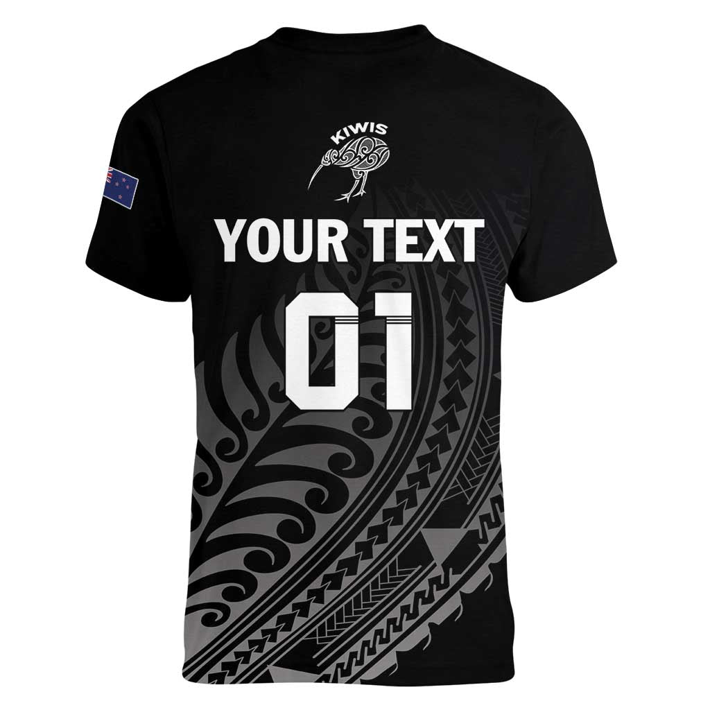 Custom New Zealand Cricket Women V-Neck T-Shirt Maori Kiwi Black Fern