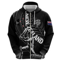 Custom New Zealand Cricket Zip Hoodie Maori Kiwi Black Fern