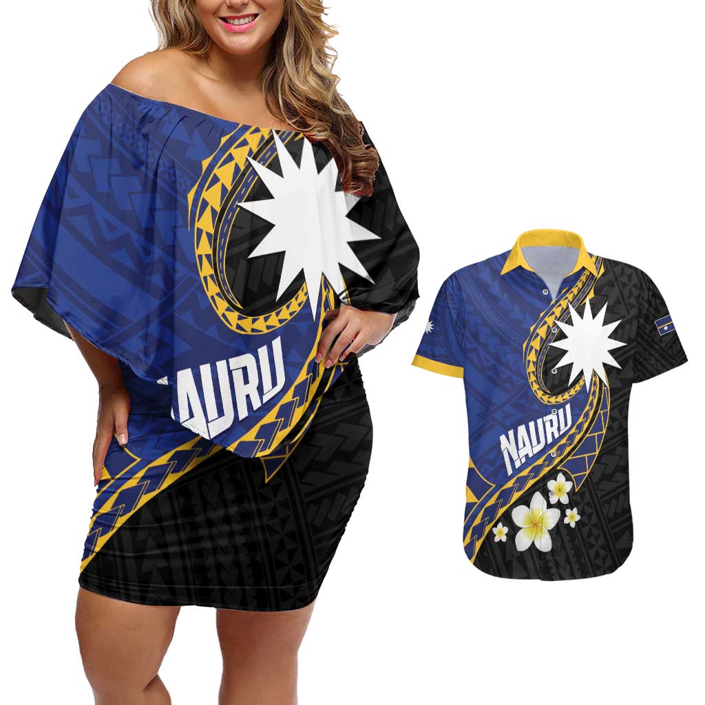 Personalised Nauru Couples Matching Off Shoulder Short Dress and Hawaiian Shirt Naoero Proud Plumeria