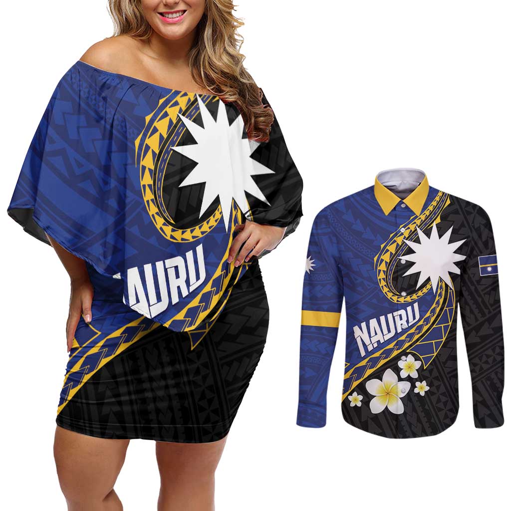 Personalised Nauru Couples Matching Off Shoulder Short Dress and Long Sleeve Button Shirt Naoero Proud Plumeria