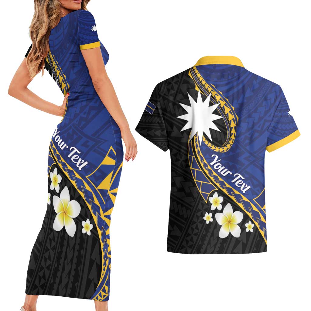 Personalised Nauru Couples Matching Short Sleeve Bodycon Dress and Hawaiian Shirt Naoero Proud Plumeria