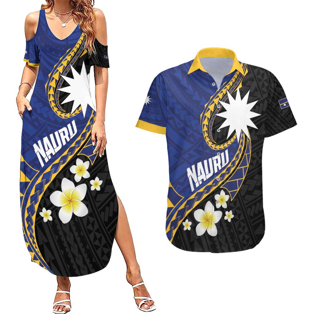 Personalised Nauru Couples Matching Summer Maxi Dress and Hawaiian Shirt Naoero Proud Plumeria