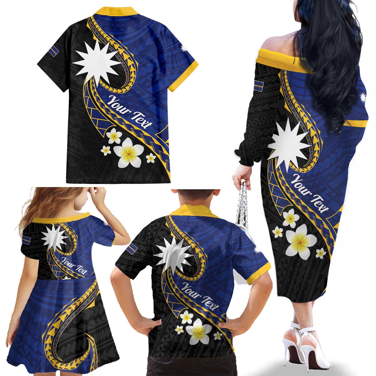 Personalised Nauru Family Matching Off The Shoulder Long Sleeve Dress and Hawaiian Shirt Naoero Proud Plumeria