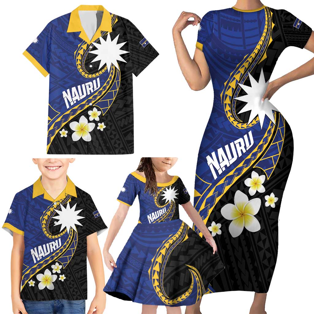 Personalised Nauru Family Matching Short Sleeve Bodycon Dress and Hawaiian Shirt Naoero Proud Plumeria