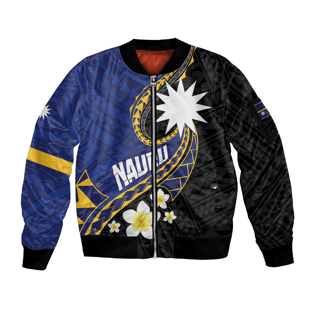 Personalised Nauru Sleeve Zip Bomber Jacket Naoero Proud Plumeria