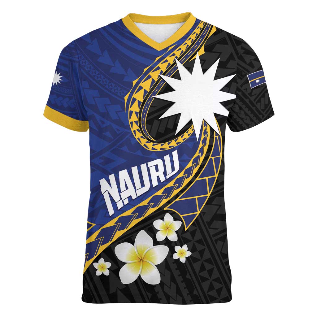 Personalised Nauru Women V-Neck T-Shirt Naoero Proud Plumeria