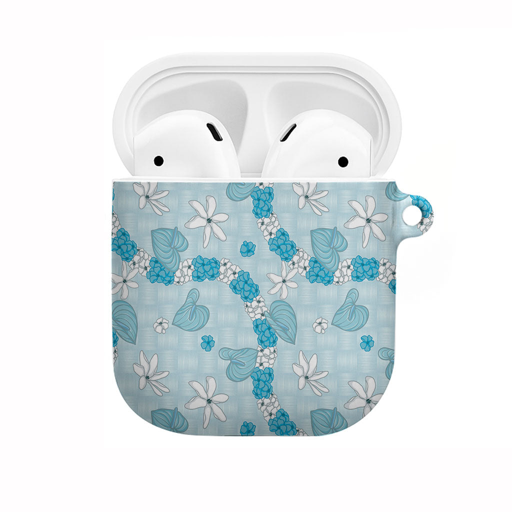 Hawaii Anthurium Tiare Pikake Lei AirPods Case UliUli Lauhala Art Pattern LT01 Blue - Polynesian Pride