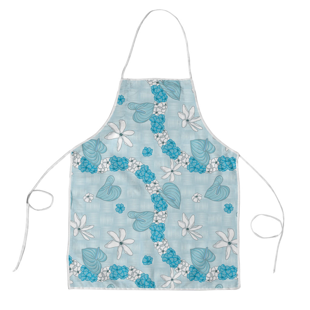 Hawaii Anthurium Tiare Pikake Lei Apron UliUli Lauhala Art Pattern LT01 Blue - Polynesian Pride