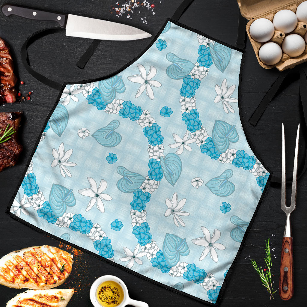 Hawaii Anthurium Tiare Pikake Lei Apron UliUli Lauhala Art Pattern LT01 Blue - Polynesian Pride