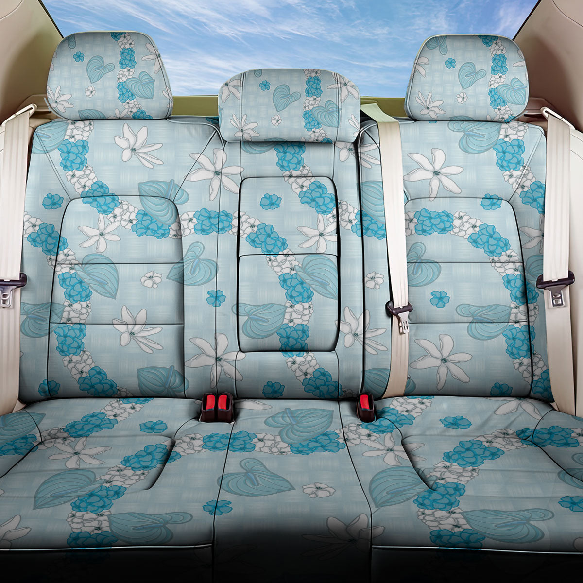 Hawaii Anthurium Tiare Pikake Lei Back Car Seat Cover UliUli Lauhala Art Pattern LT01 One Size Blue - Polynesian Pride