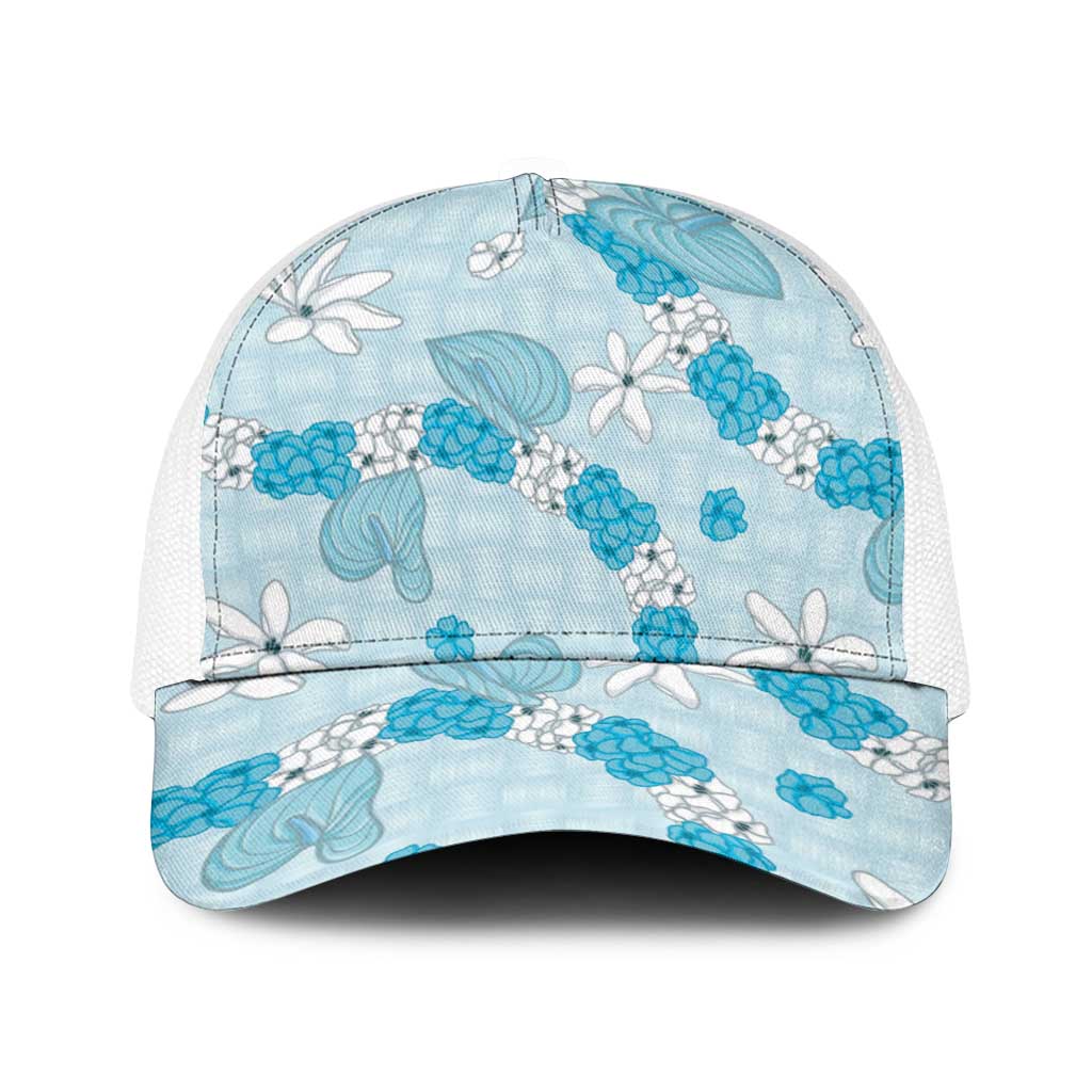 Hawaii Anthurium Tiare Pikake Lei Baseball Net Cap UliUli Lauhala Art Pattern LT01 One Size White Blue - Polynesian Pride