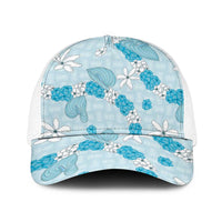 Hawaii Anthurium Tiare Pikake Lei Baseball Net Cap UliUli Lauhala Art Pattern LT01 One Size White Blue - Polynesian Pride