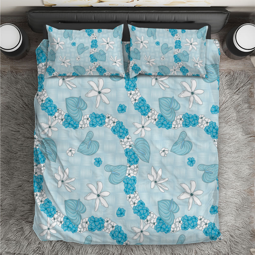 Hawaii Anthurium Tiare Pikake Lei Bedding Set UliUli Lauhala Art Pattern LT01 Blue - Polynesian Pride