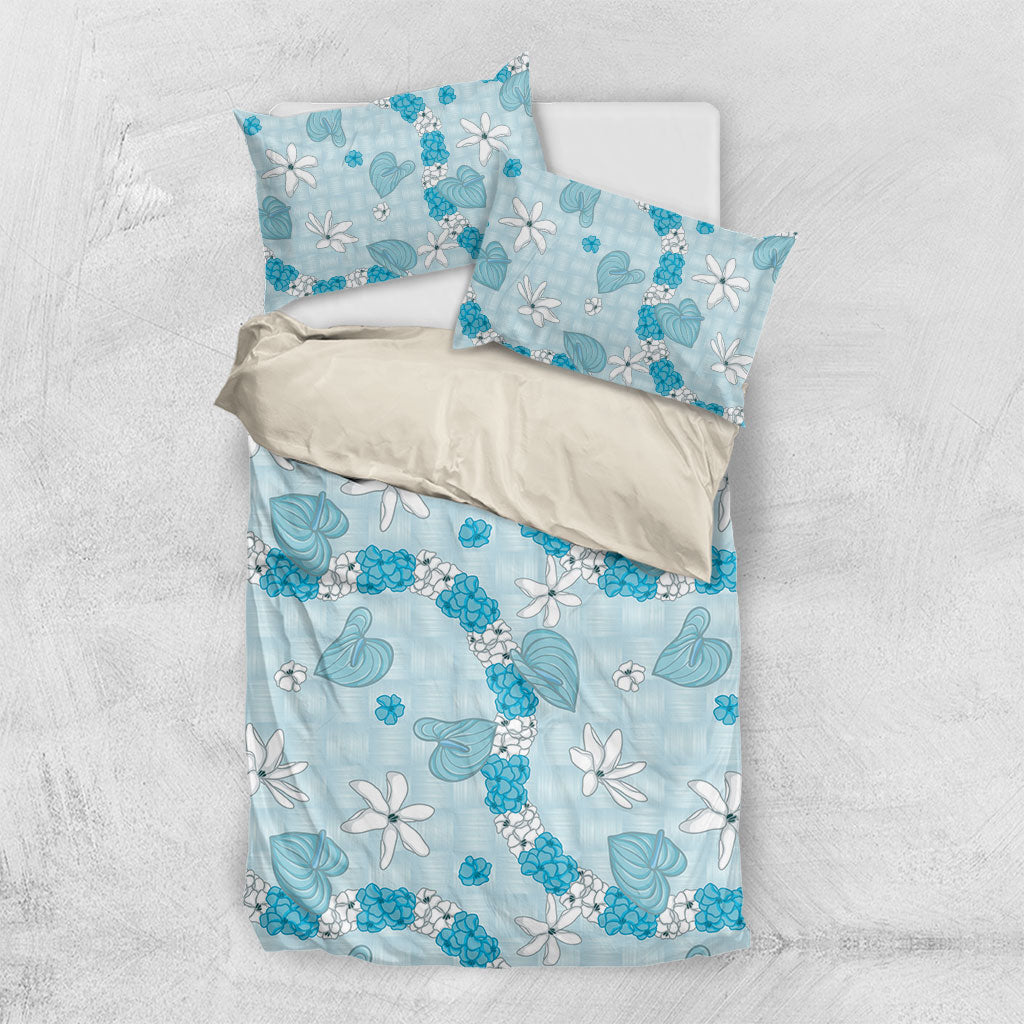 Hawaii Anthurium Tiare Pikake Lei Bedding Set UliUli Lauhala Art Pattern LT01 US Twin 172cm x 218cm Blue - Polynesian Pride