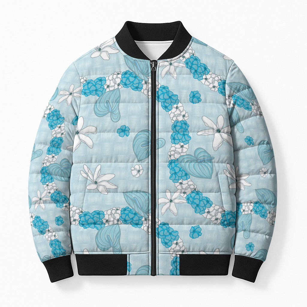 Hawaii Anthurium Tiare Pikake Lei Bomber Puffer Jacket UliUli Lauhala Art Pattern