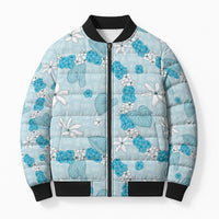 Hawaii Anthurium Tiare Pikake Lei Bomber Puffer Jacket UliUli Lauhala Art Pattern LT01 Unisex Blue - Polynesian Pride