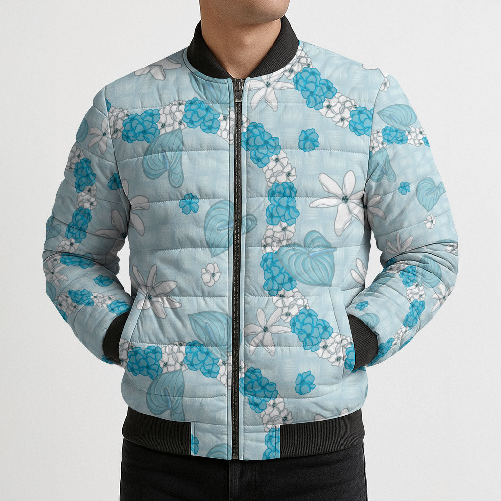 Hawaii Anthurium Tiare Pikake Lei Bomber Puffer Jacket UliUli Lauhala Art Pattern LT01 - Polynesian Pride