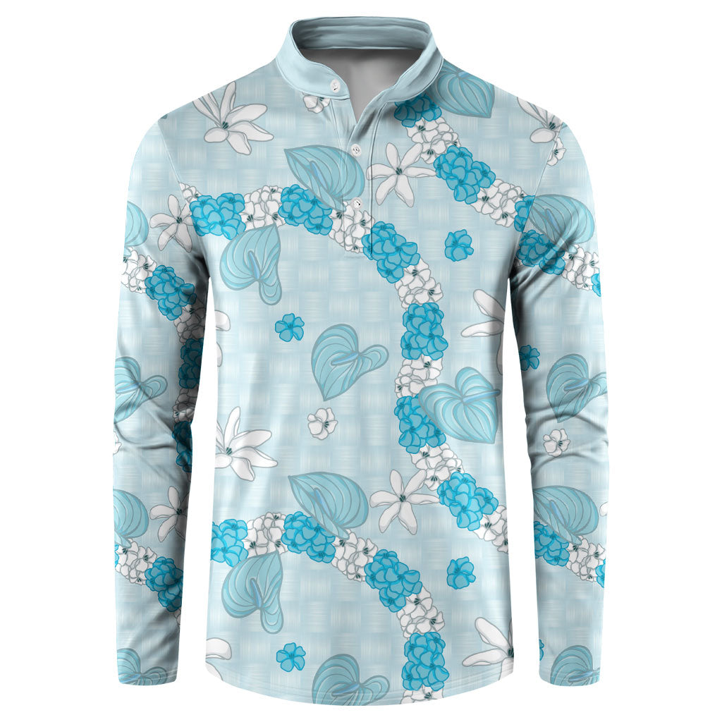 Hawaii Anthurium Tiare Pikake Lei Button Sweatshirt UliUli Lauhala Art Pattern LT01 Blue - Polynesian Pride