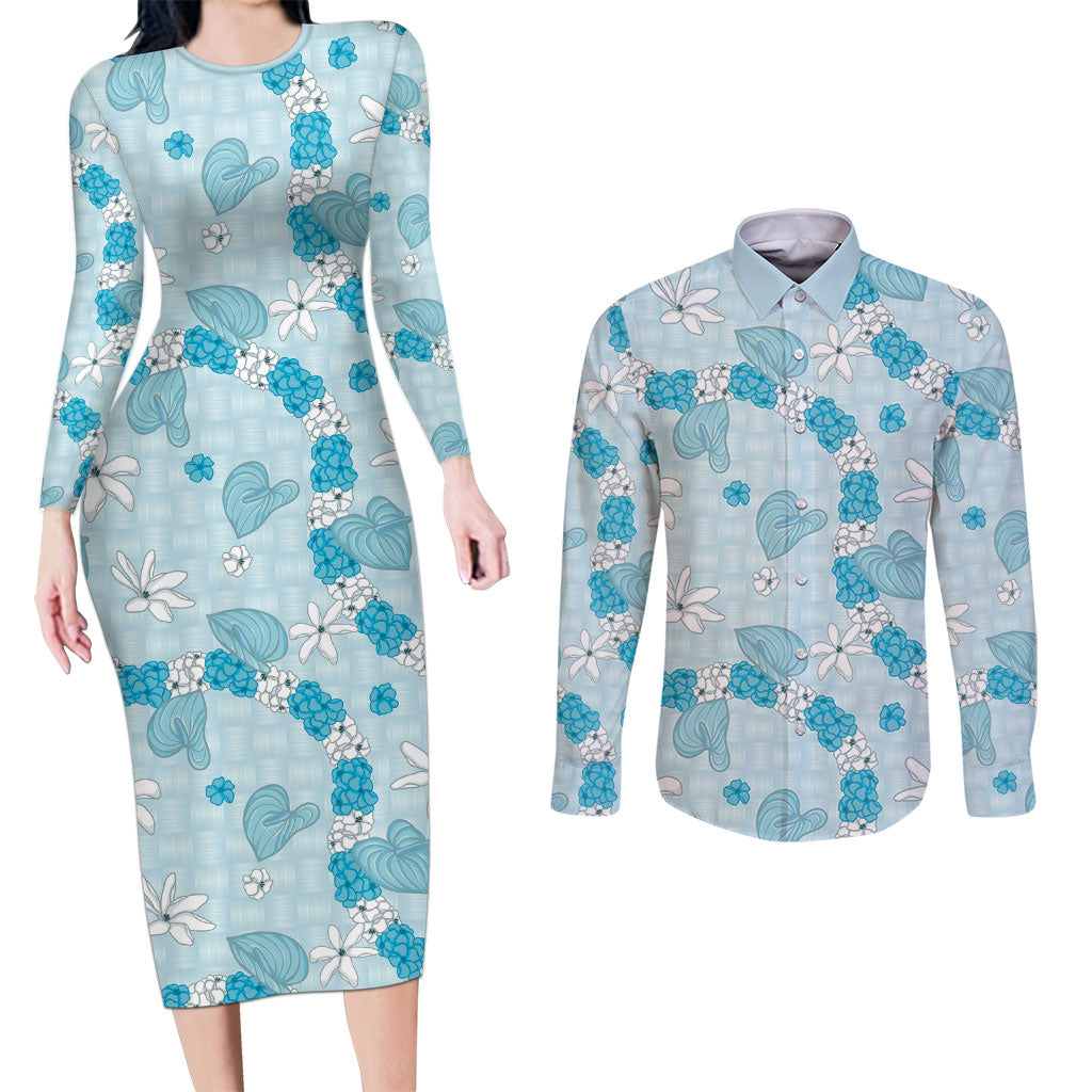 Hawaii Anthurium Tiare Pikake Lei Couples Matching Long Sleeve Bodycon Dress and Long Sleeve Button Shirt UliUli Lauhala Art Pattern