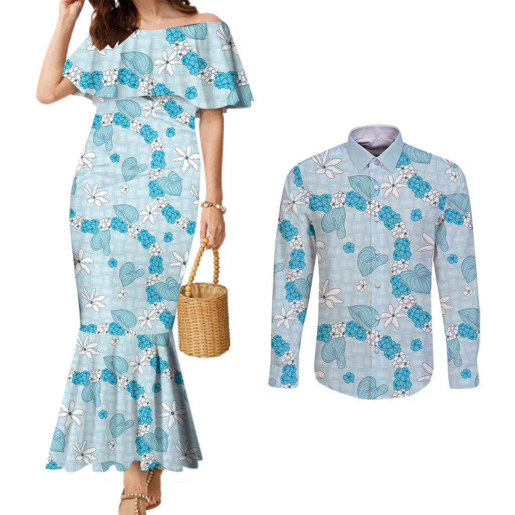 Hawaii Anthurium Tiare Pikake Lei Couples Matching Mermaid Dress and Long Sleeve Button Shirt UliUli Lauhala Art Pattern