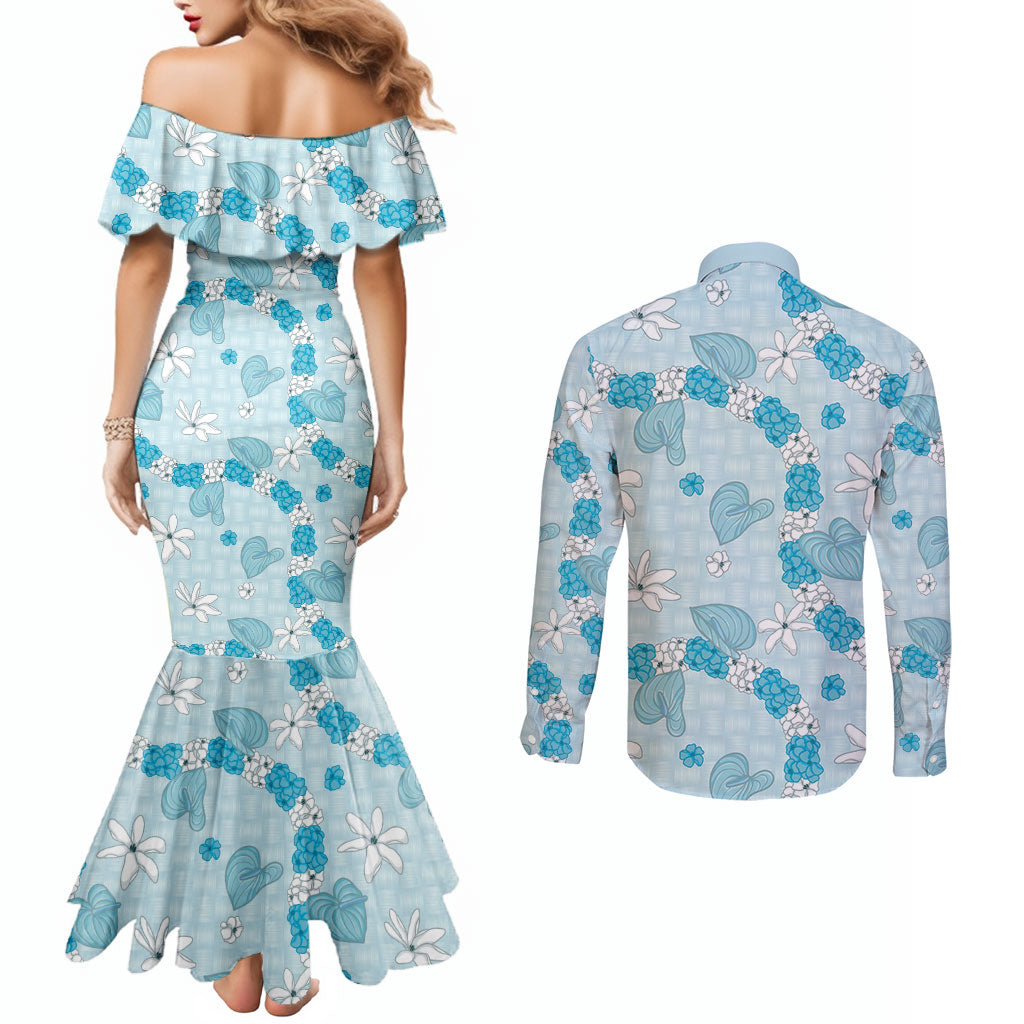 Hawaii Anthurium Tiare Pikake Lei Couples Matching Mermaid Dress and Long Sleeve Button Shirt UliUli Lauhala Art Pattern LT01 - Polynesian Pride