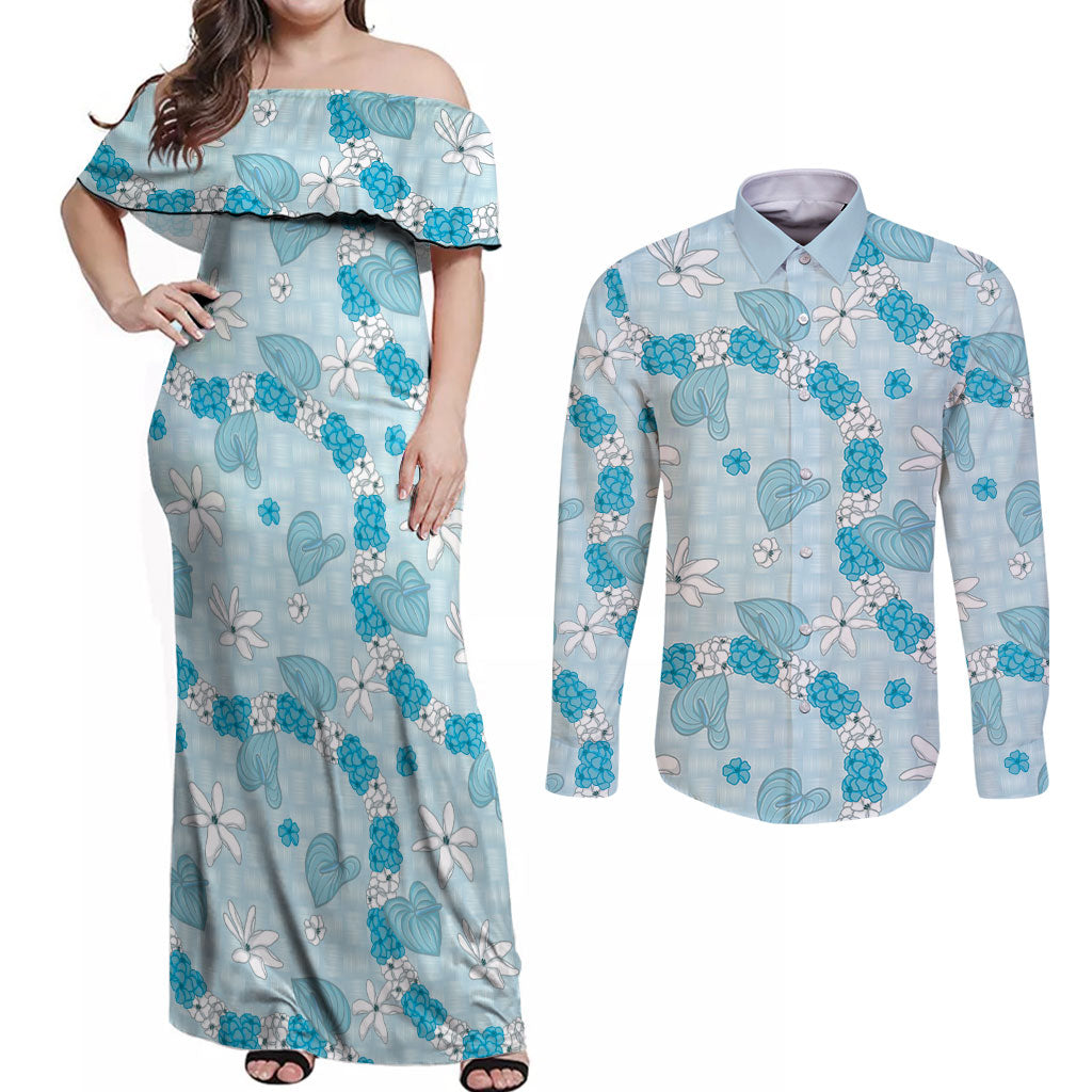 Hawaii Anthurium Tiare Pikake Lei Couples Matching Off Shoulder Maxi Dress and Long Sleeve Button Shirt UliUli Lauhala Art Pattern LT01 Blue - Polynesian Pride