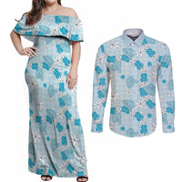 Hawaii Anthurium Tiare Pikake Lei Couples Matching Off Shoulder Maxi Dress and Long Sleeve Button Shirt UliUli Lauhala Art Pattern LT01 Blue - Polynesian Pride