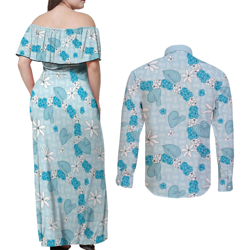 Hawaii Anthurium Tiare Pikake Lei Couples Matching Off Shoulder Maxi Dress and Long Sleeve Button Shirt UliUli Lauhala Art Pattern LT01 - Polynesian Pride