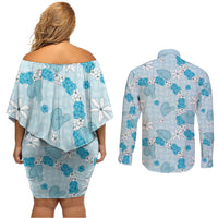 Hawaii Anthurium Tiare Pikake Lei Couples Matching Off Shoulder Short Dress and Long Sleeve Button Shirt UliUli Lauhala Art Pattern LT01 - Polynesian Pride