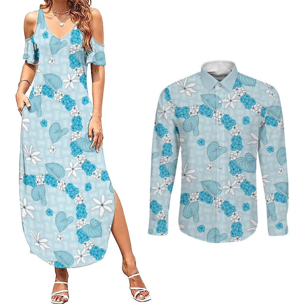Hawaii Anthurium Tiare Pikake Lei Couples Matching Summer Maxi Dress and Long Sleeve Button Shirt UliUli Lauhala Art Pattern