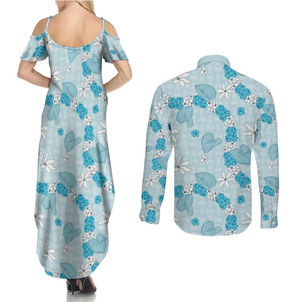 Hawaii Anthurium Tiare Pikake Lei Couples Matching Summer Maxi Dress and Long Sleeve Button Shirt UliUli Lauhala Art Pattern LT01 - Polynesian Pride