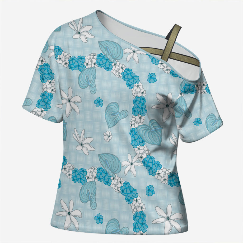 Hawaii Anthurium Tiare Pikake Lei Cross Shoulder Shirt UliUli Lauhala Art Pattern LT01 Female Blue - Polynesian Pride