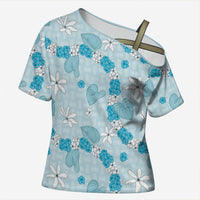 Hawaii Anthurium Tiare Pikake Lei Cross Shoulder Shirt UliUli Lauhala Art Pattern LT01 Female Blue - Polynesian Pride