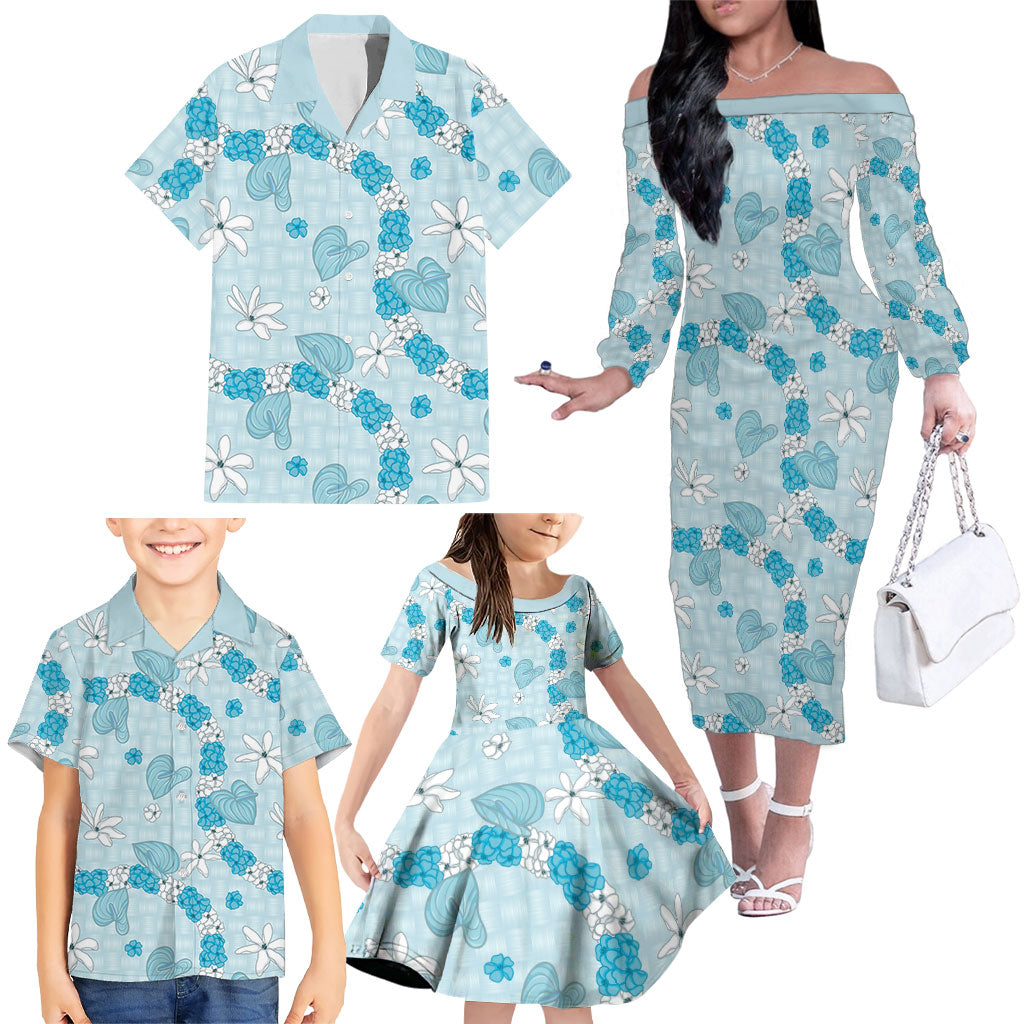 Hawaii Anthurium Tiare Pikake Lei Family Matching Off The Shoulder Long Sleeve Dress and Hawaiian Shirt UliUli Lauhala Art Pattern