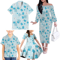 Hawaii Anthurium Tiare Pikake Lei Family Matching Off The Shoulder Long Sleeve Dress and Hawaiian Shirt UliUli Lauhala Art Pattern