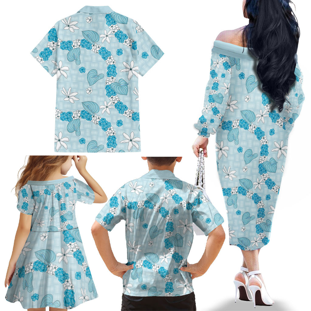 Hawaii Anthurium Tiare Pikake Lei Family Matching Off The Shoulder Long Sleeve Dress and Hawaiian Shirt UliUli Lauhala Art Pattern