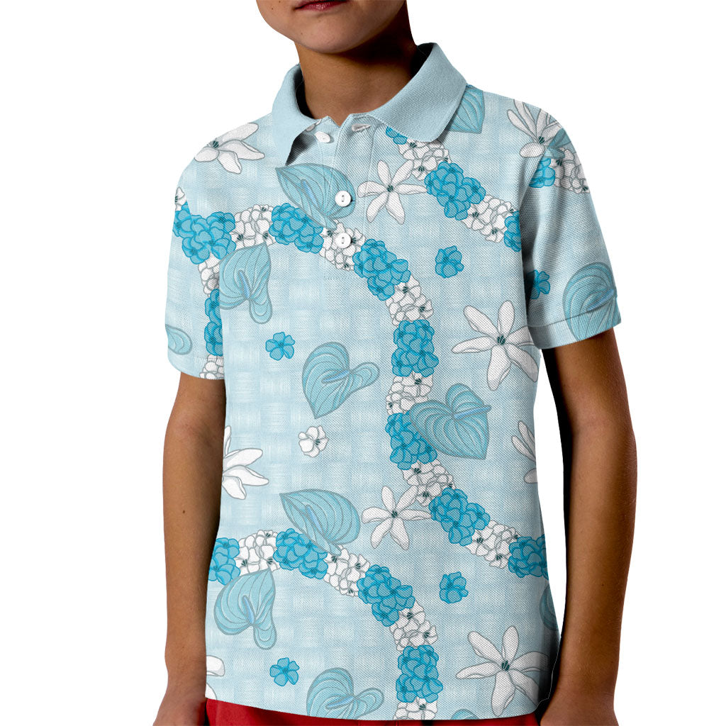 Hawaii Anthurium Tiare Pikake Lei Kid Polo Shirt UliUli Lauhala Art Pattern LT01 Kid Blue - Polynesian Pride