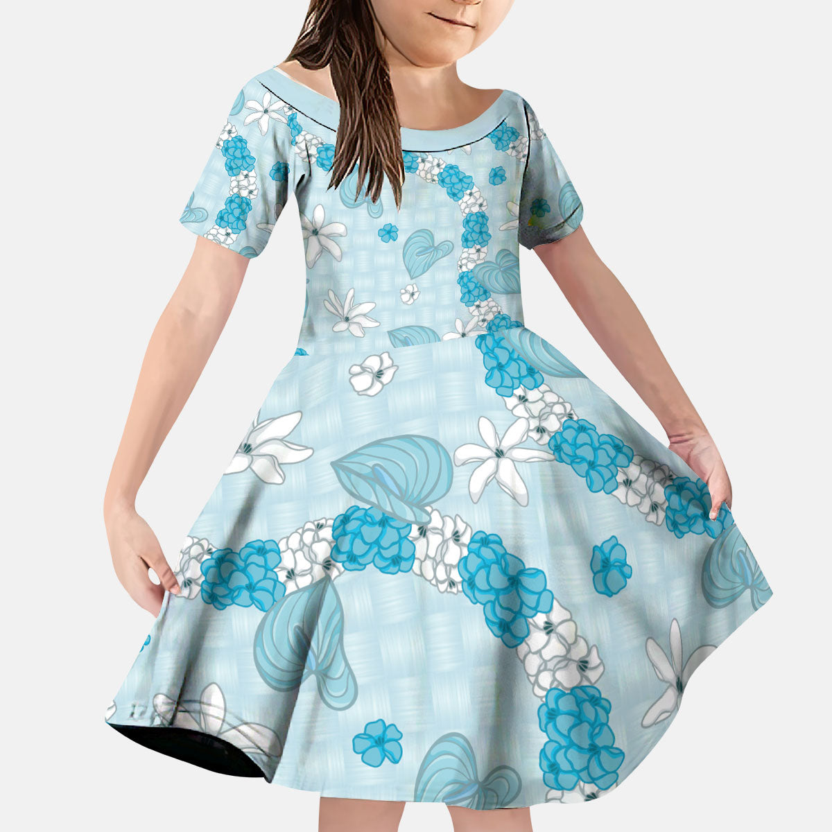 Hawaii Anthurium Tiare Pikake Lei Kid Short Sleeve Dress UliUli Lauhala Art Pattern LT01 KID Blue - Polynesian Pride