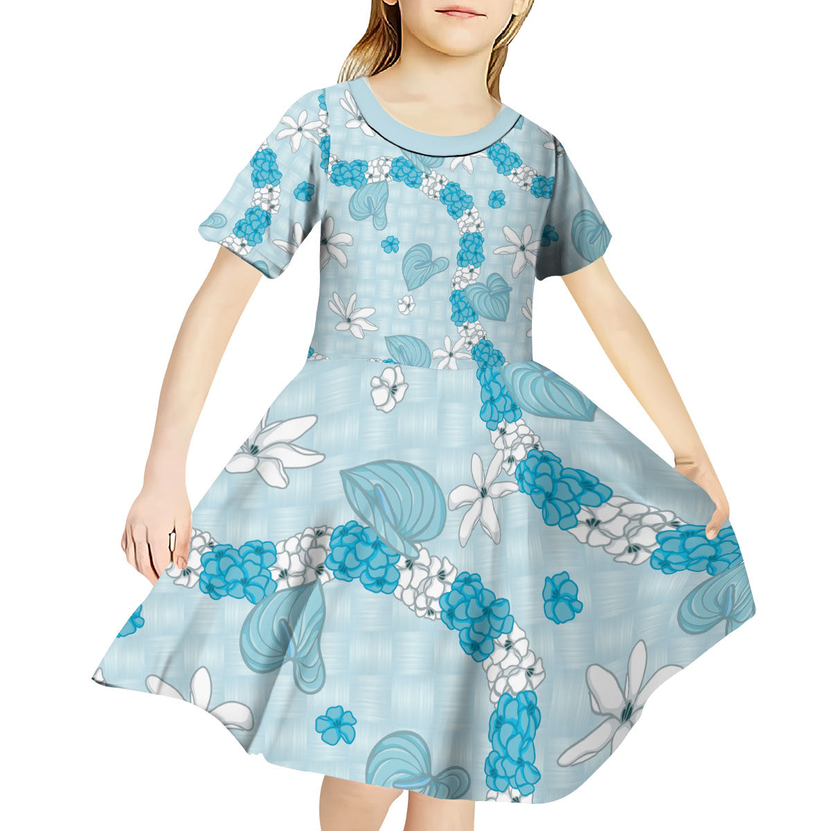 Hawaii Anthurium Tiare Pikake Lei Kid Short Sleeve Dress UliUli Lauhala Art Pattern LT01 - Polynesian Pride