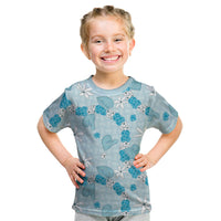 Hawaii Anthurium Tiare Pikake Lei Kid T Shirt UliUli Lauhala Art Pattern LT01 Blue - Polynesian Pride