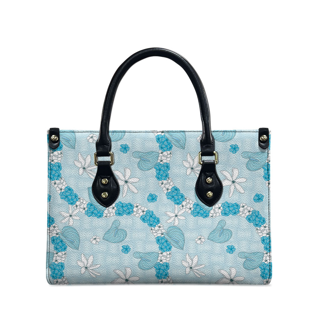 Hawaii Anthurium Tiare Pikake Lei Leather Bag UliUli Lauhala Art Pattern