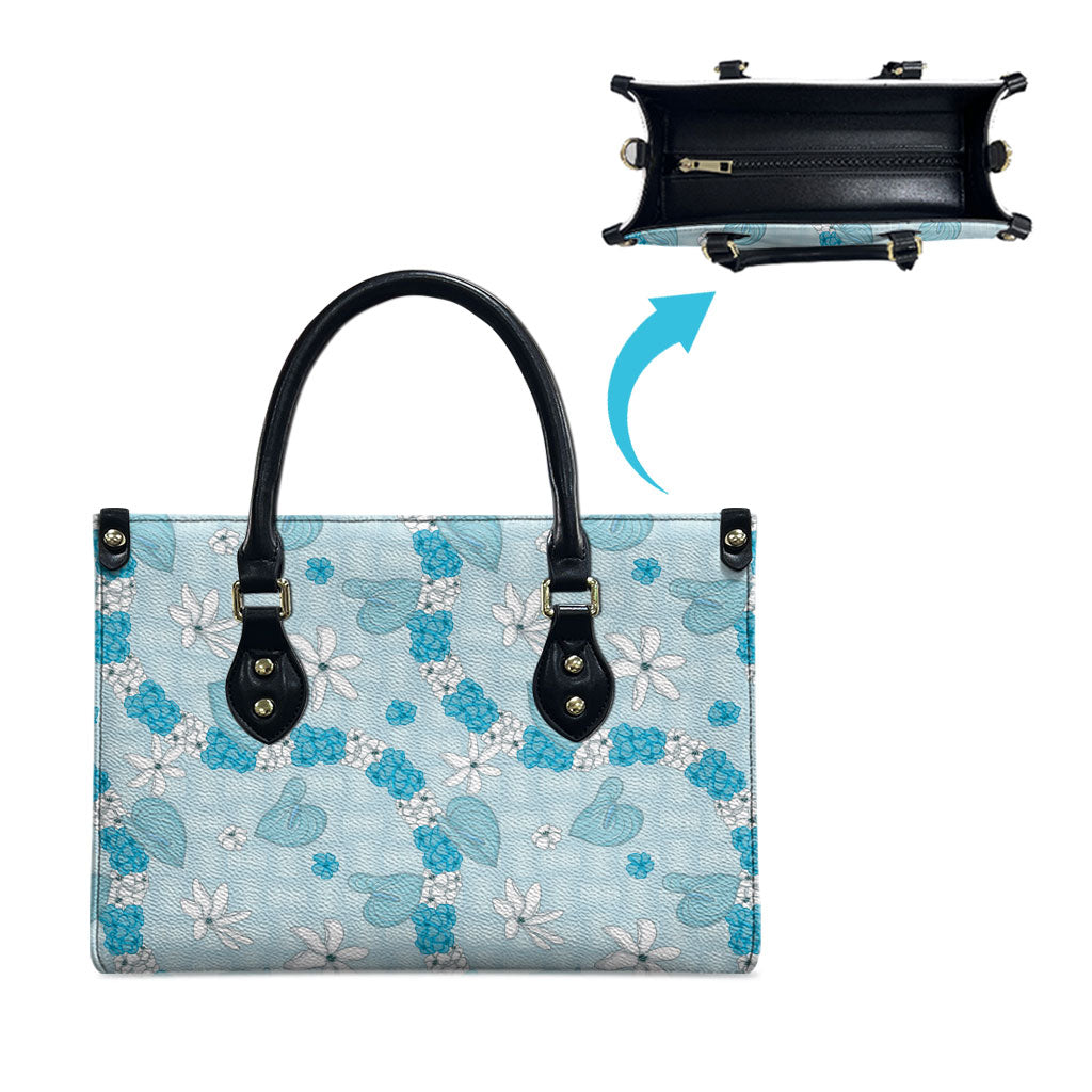 Hawaii Anthurium Tiare Pikake Lei Leather Bag UliUli Lauhala Art Pattern