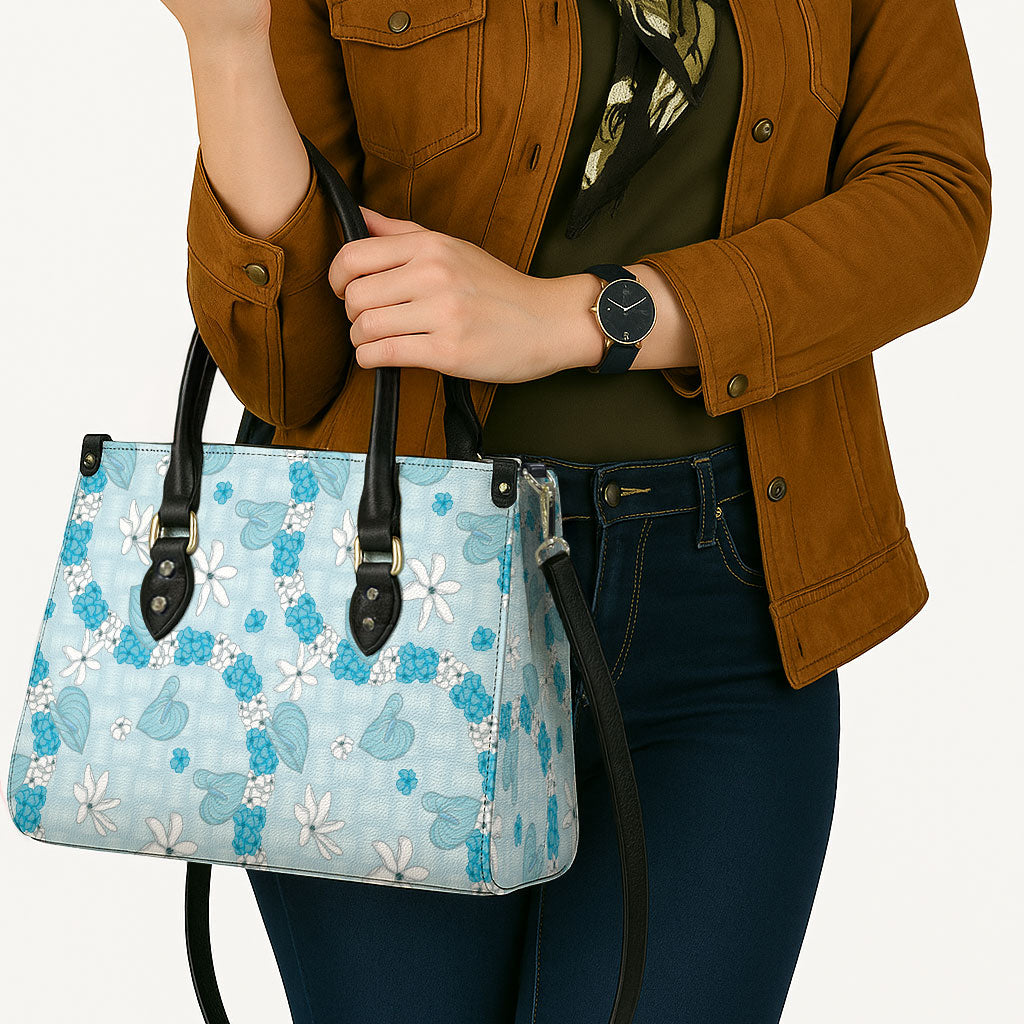 Hawaii Anthurium Tiare Pikake Lei Leather Bag UliUli Lauhala Art Pattern