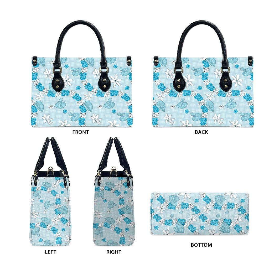 Hawaii Anthurium Tiare Pikake Lei Leather Bag UliUli Lauhala Art Pattern
