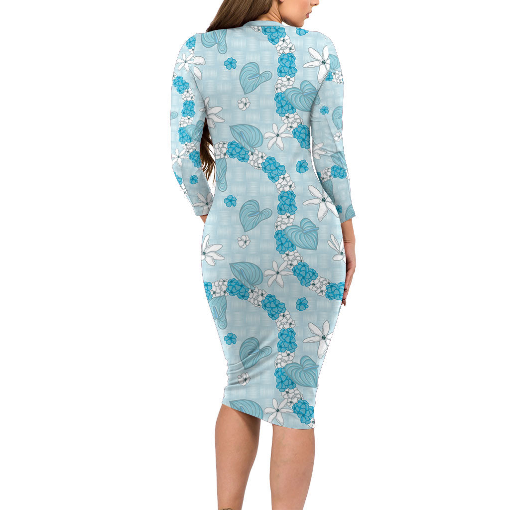 Hawaii Anthurium Tiare Pikake Lei Long Sleeve Bodycon Dress UliUli Lauhala Art Pattern LT01 - Polynesian Pride