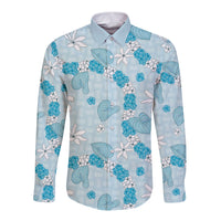 Hawaii Anthurium Tiare Pikake Lei Long Sleeve Button Shirt UliUli Lauhala Art Pattern LT01 Unisex Blue - Polynesian Pride